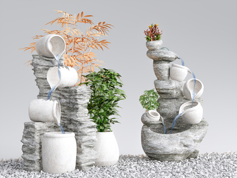  新中式陶罐流水 庭院小品3d模型 