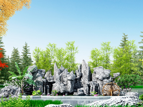  新中式假山 瀑布流水 荷花池3d模型 