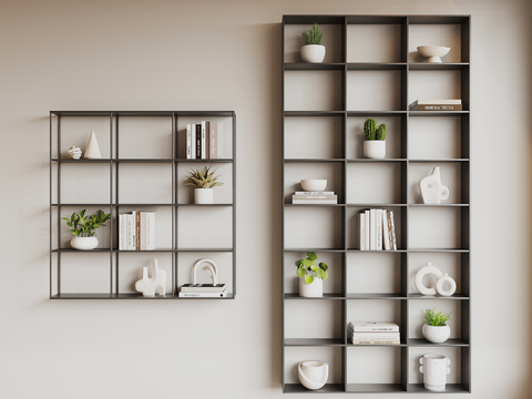  现代极简灰白装饰壁挂书架3d模型下载 对称空间展示架室内设计 