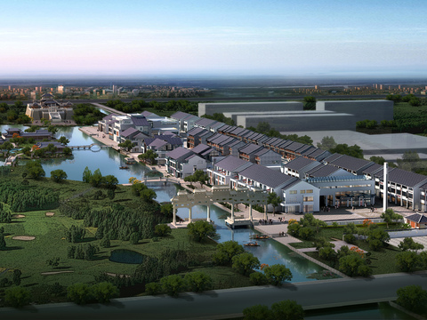  新中式民宿商业街 鸟瞰规划3d模型 