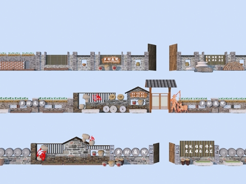  乡村景墙 围墙 民俗文化墙3d模型 