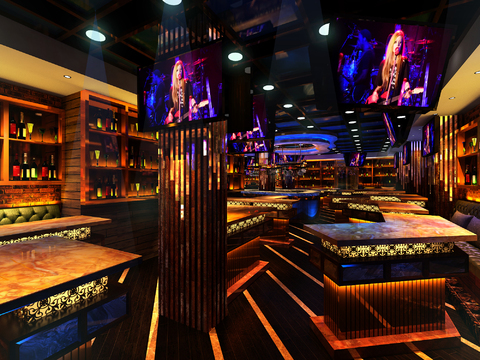  工业风酒吧 卡座 吧台3d模型 