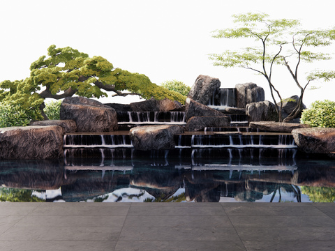  新中式假山水景 叠水景观3d模型 