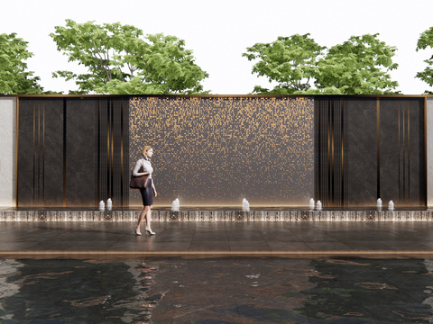  现代入口景墙 水景墙3d模型 