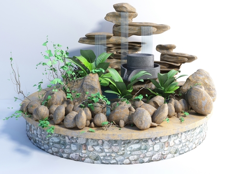  假山流水 流水钵 景观石3d模型 