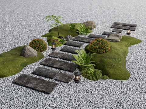 现代汀步 景观汀步 绿植堆 石头3d模型 
