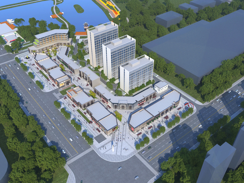  新中式 鸟瞰商业街3d模型 