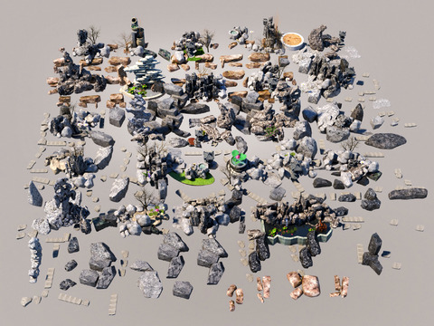  新中式假山 景观石 流水钵 太湖石3d模型 