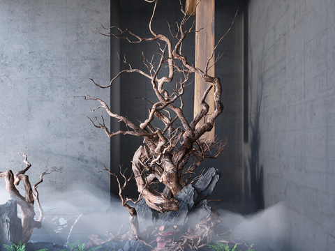  室内枯木景观 叠水造景3d模型 