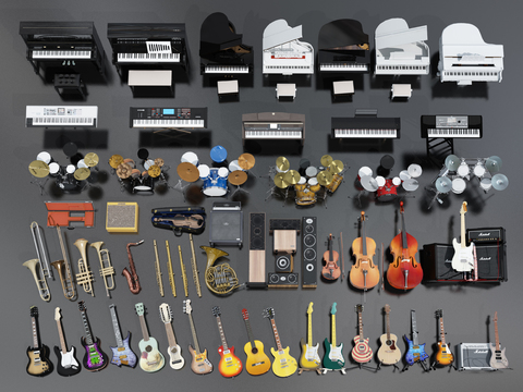  乐器组合 吉他 钢琴 小提琴3d模型 