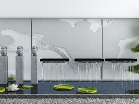  景观小品 流水景墙 荷花池 石雕3d模型 