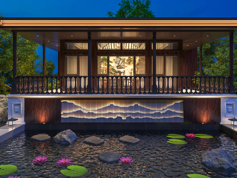  新中式荷花池 阳台栏杆 观景台3d模型 