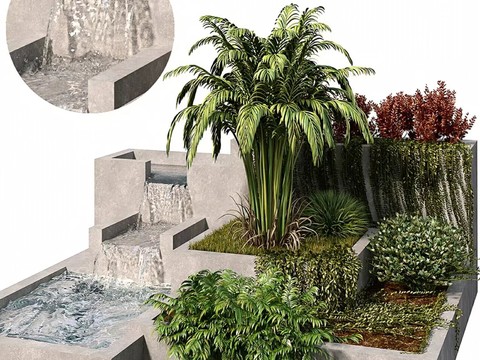  园艺小品 流水喷泉 植物堆3d模型 