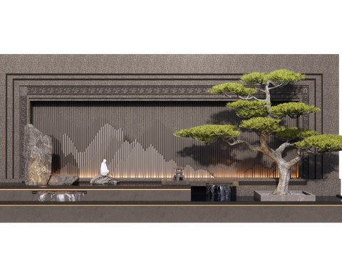  新中式水景墙 跌水池 叠水小品3d模型 