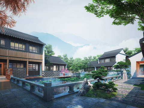  新中式古建 湿地公园3d模型 