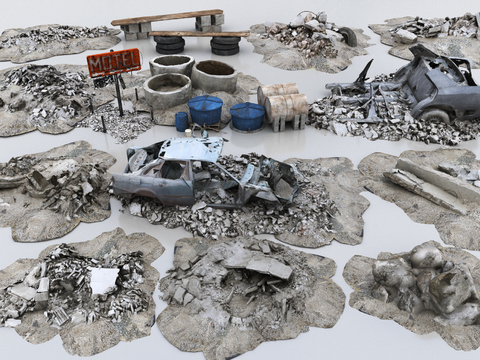  游戏场景废墟石头 废旧汽车 路牌 3d模型 