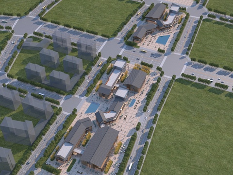  新中式商业街鸟瞰3d模型 