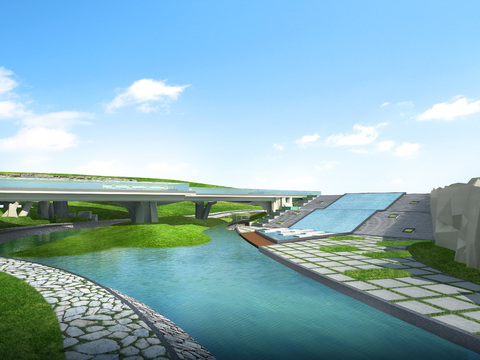  滨水景观 河堤3d模型 