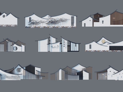  新中式 山形格栅景墙 标识墙 禅意山水墙_3d模型 