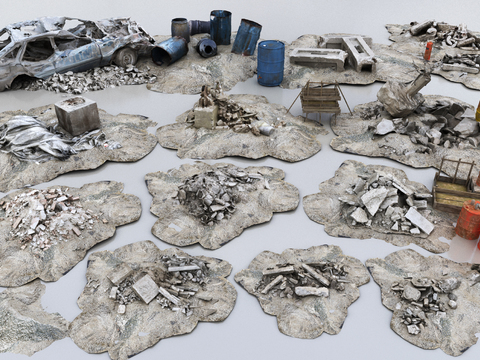  游戏场景废墟石头 废旧汽车 路牌 3d模型 