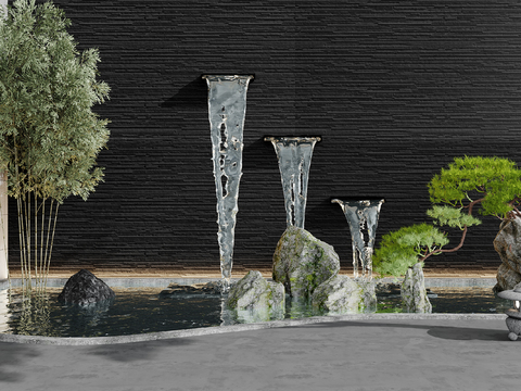  流水景墙 喷泉瀑布 景观石3d模型 