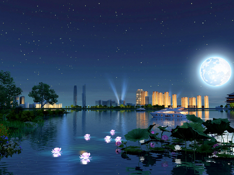  湿地公园 荷花湖 夜景3d模型 