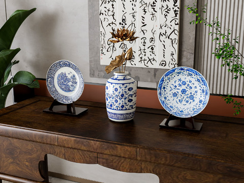  新中式青花瓷 陶瓷摆件3d模型 