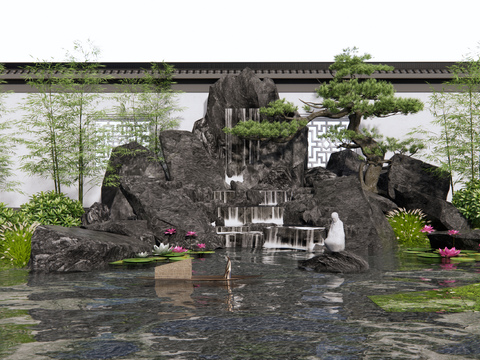  新中式假山水景 跌水瀑布 庭院小品3d模型 
