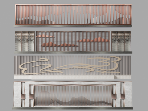  格栅景墙 山水格栅景墙 云纹景墙3d模型 