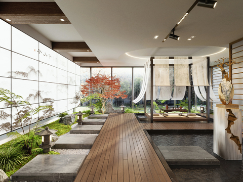  新中式过道 室内景观 茶室造景3d模型 