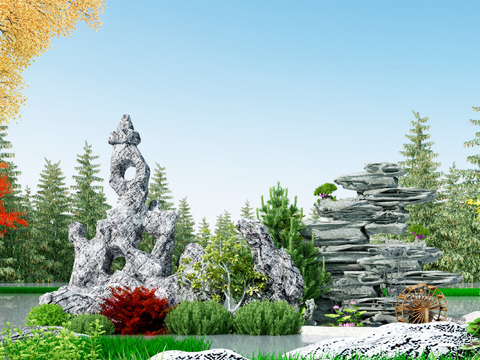  新中式假山 瀑布流水 水车3d模型 