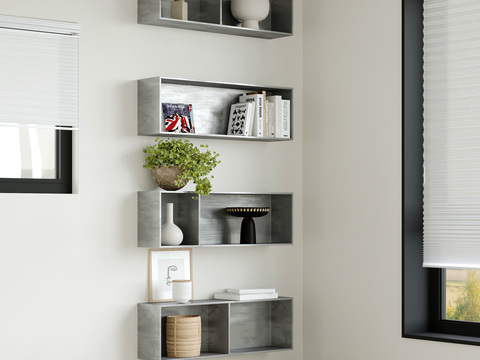  现代金属壁挂书架3d模型下载 开放式储物架 自然元素装饰架 家居装饰 