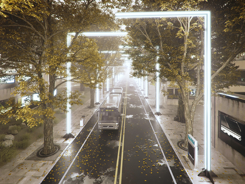  人行道 公路 落叶马路3d模型 