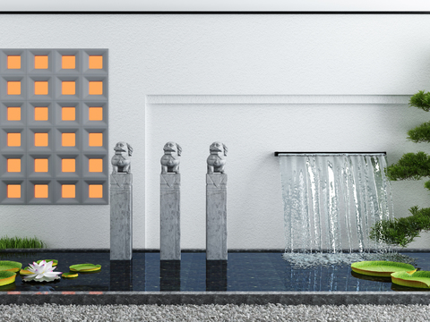  景观小品 流水景墙 石狮子雕塑3d模型 