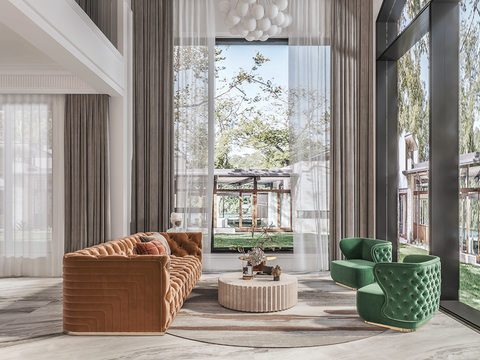  法式别墅客厅 挑空客厅3d模型 