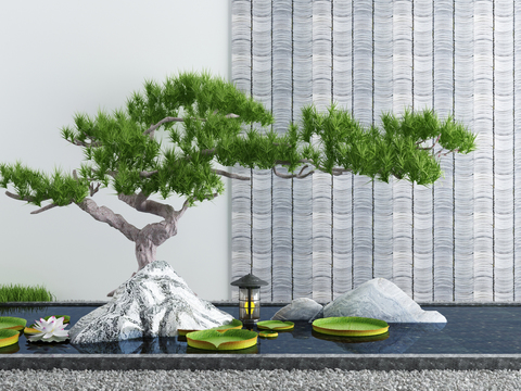  水景小品 荷花池 松树造景3d模型 