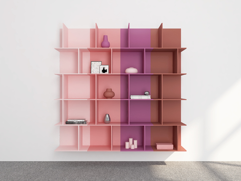  现代粉色紫色壁挂书架3d模型下载 客厅装饰架 多功能置物架 