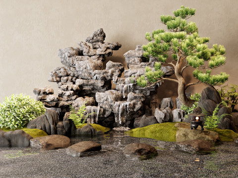  新中式假山水景 庭院景观小品3d模型 