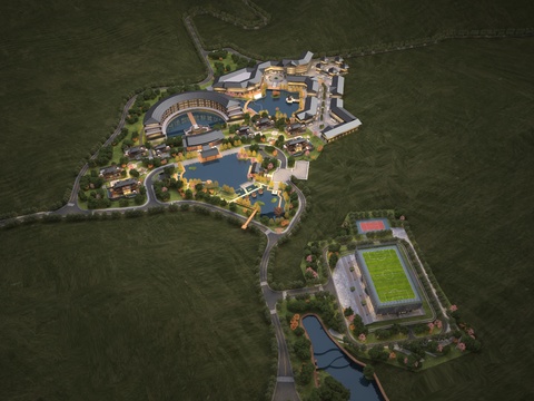  新中式度假酒店 鸟瞰规划3d模型 