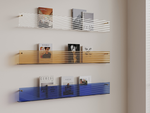  现代波浪纹理壁挂书架3d模型下载 三色组合免打孔杂志架 极简装饰架 