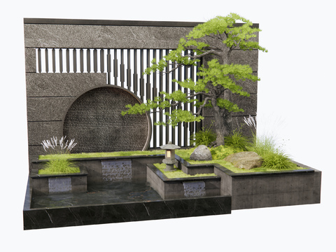  新中式水景墙 跌水池 叠水小品3d模型 