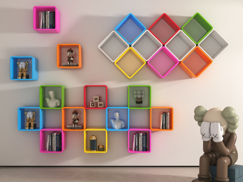  现代简约壁挂式书柜3d模型下载 彩色立方体组合 创意立体挂柜家居装饰 艺术展示设计 