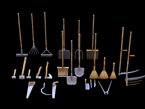  农具 镰刀 锄头 扫帚3d模型 