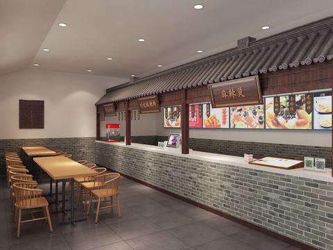  新中式快餐店 美食城档口3d模型 