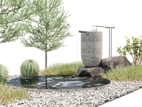  新中式庭院景观 陶罐流水3d模型 