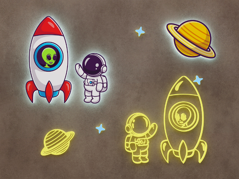  儿童太空壁灯3d模型下载 卡通宇航员壁灯 外星行星火箭装饰灯 