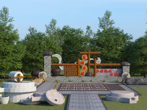  新中式农耕文化 乡村景墙小品3d模型 
