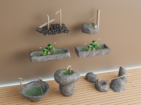  新中式庭院水景 水钵 荷花池3d模型 