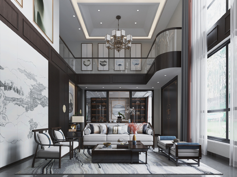  新中式别墅客厅 别墅大堂3d模型 