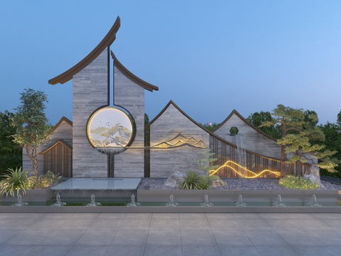  庭院叠水景墙 流水景墙3d模型 